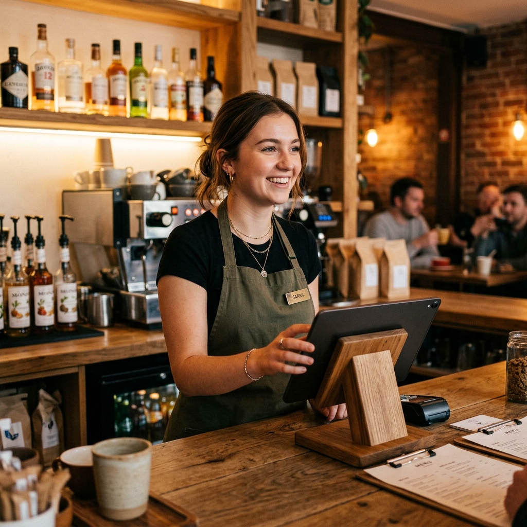 Cassiera sorridente che usa Quenta al bancone
