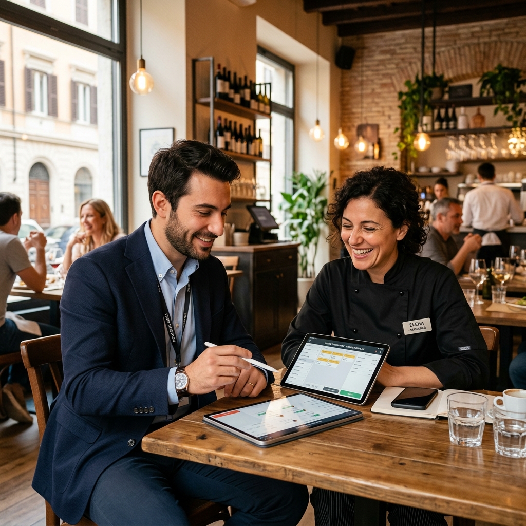 Tecnico Quenta che assiste un ristoratore