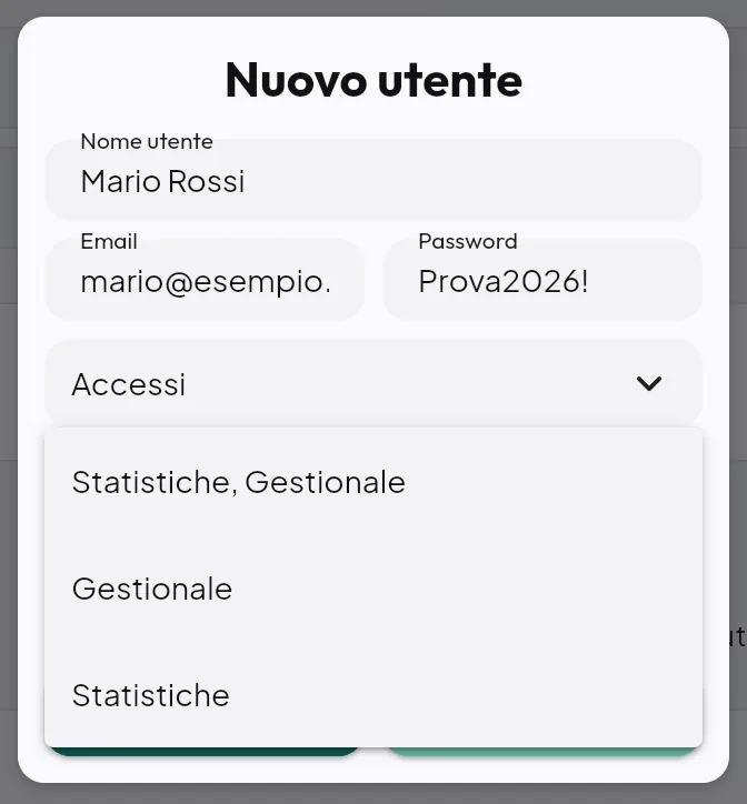 Scelta degli accessi di un nuovo utente