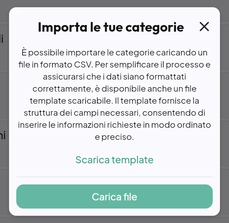 Finestra Importa le tue categorie