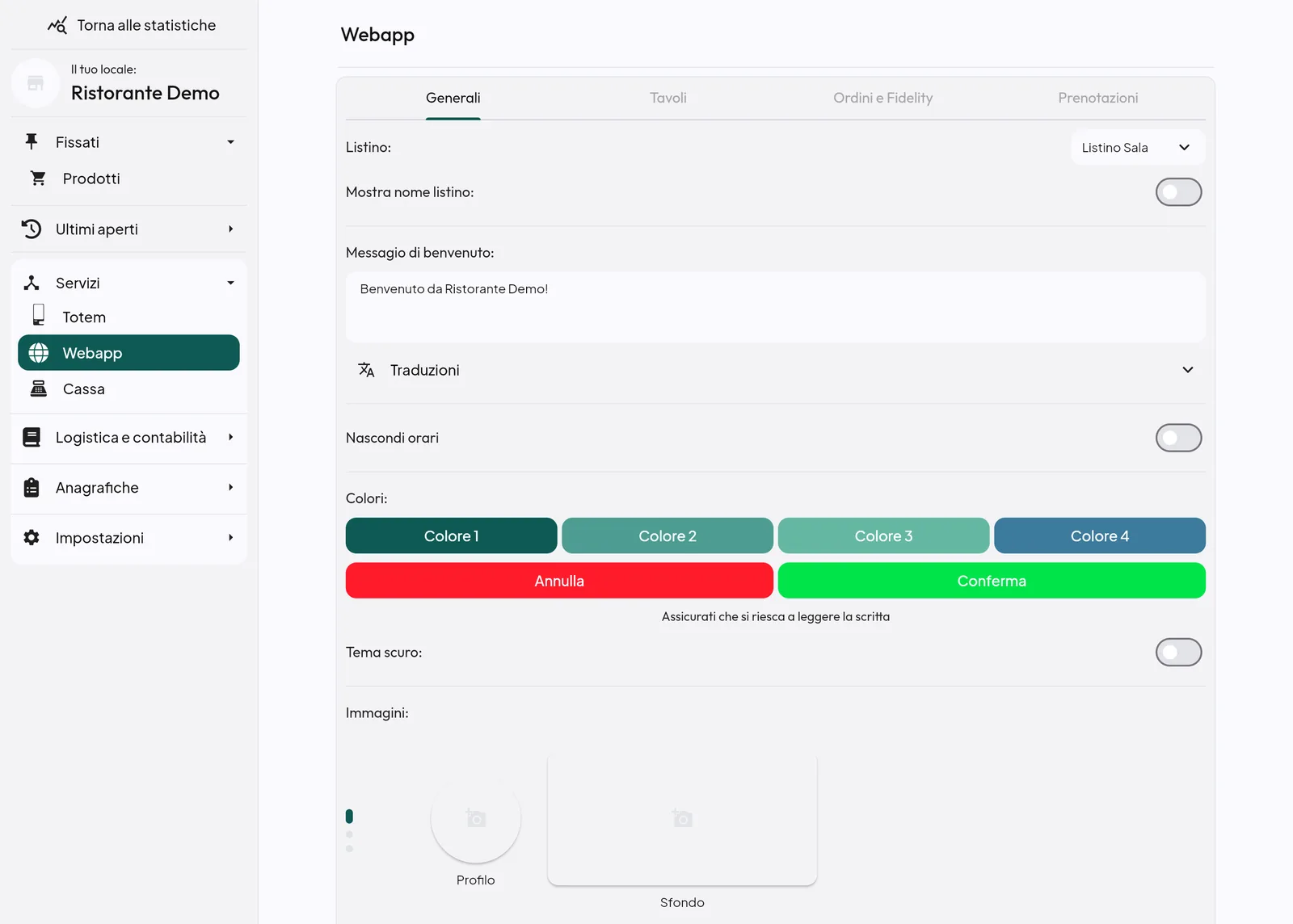 La pagina Webapp, scheda Generali