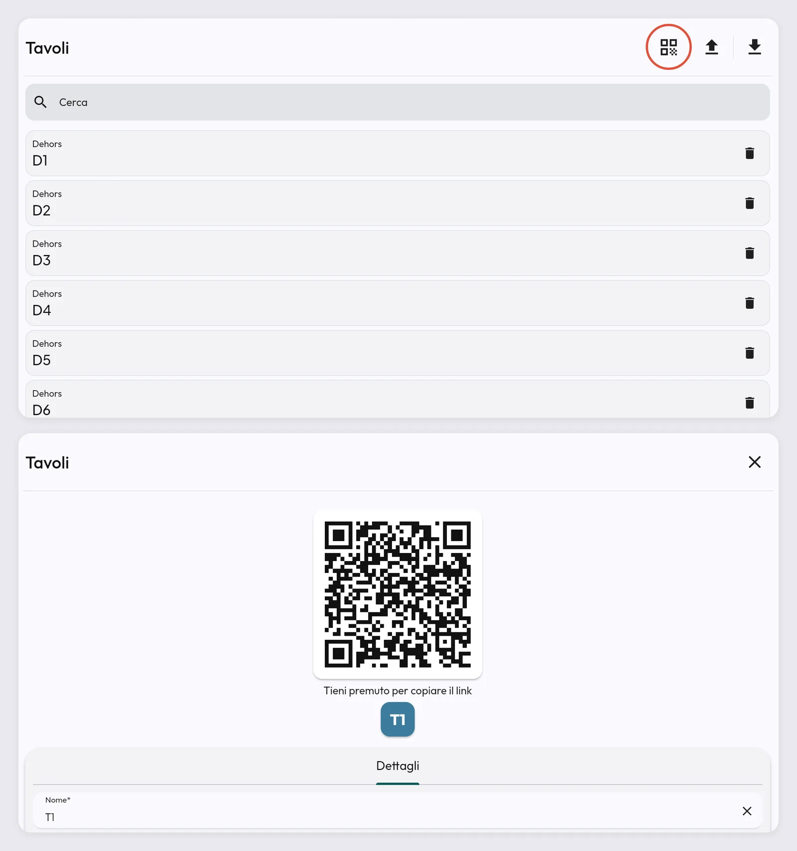 QR del tavolo e download di tutti i QR