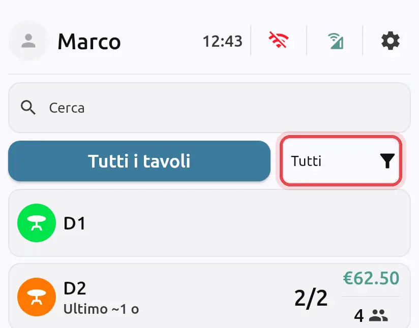 Dove si trova «Filtro stato tavoli»