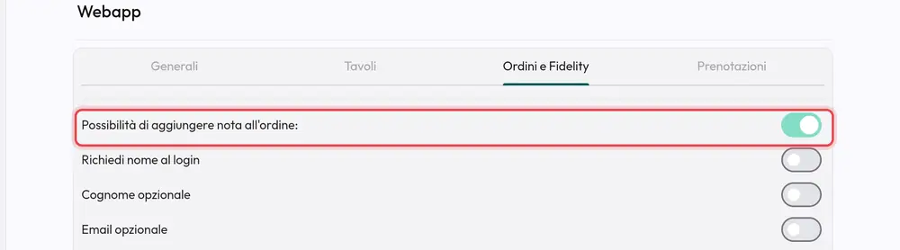 Dove si trova «Possibilità di aggiungere nota all'ordine»
