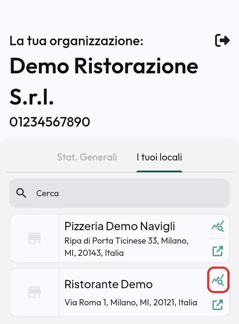 Scegliere il locale dall'account dell'azienda
