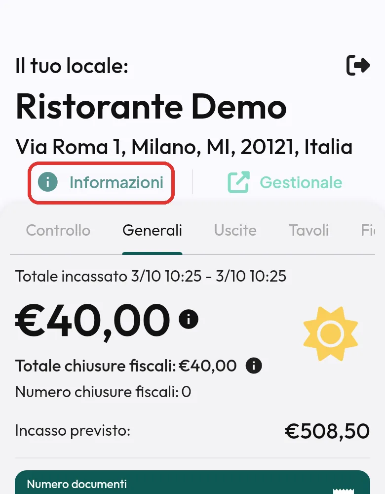 Bottone Informazioni nella pagina del locale