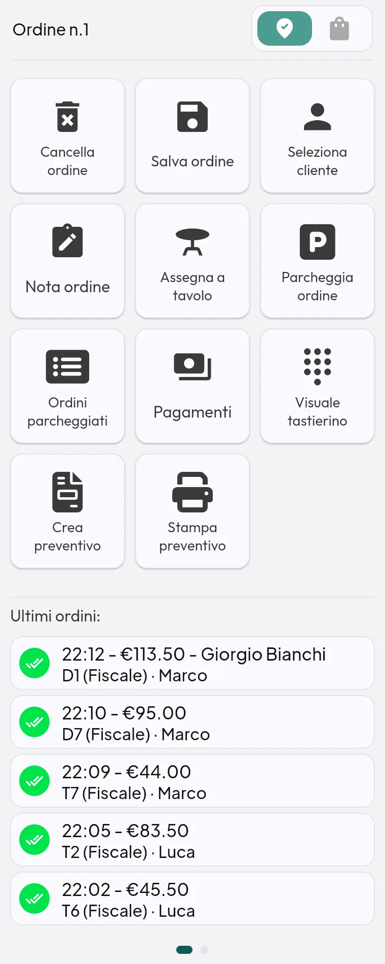 Pannello azioni ordine