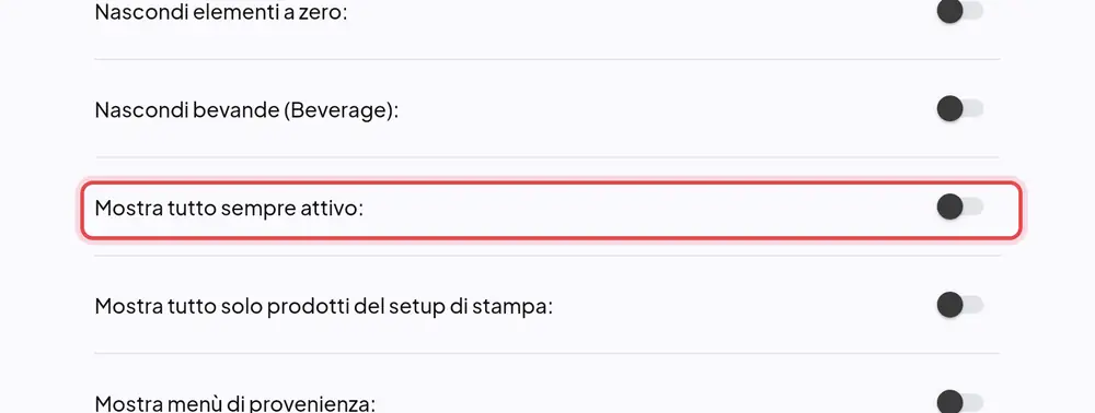 Dove si trova «Mostra tutto sempre attivo»