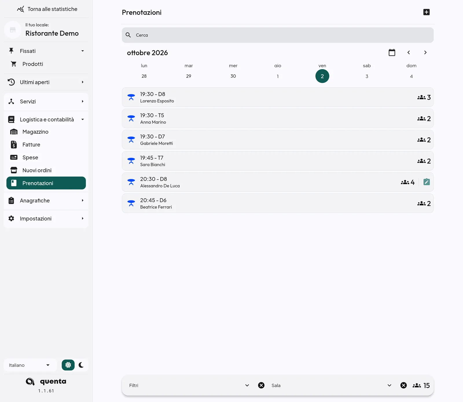 Pagina Prenotazioni con calendario e filtri