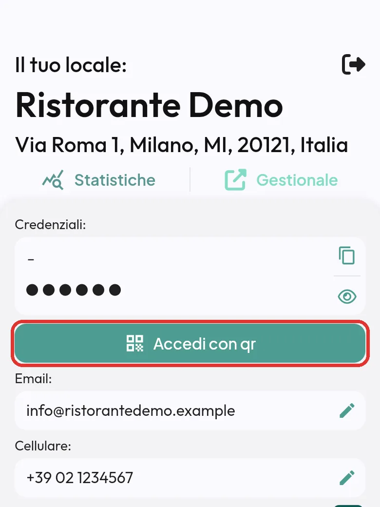 Bottone Accedi con qr sotto il riquadro Credenziali
