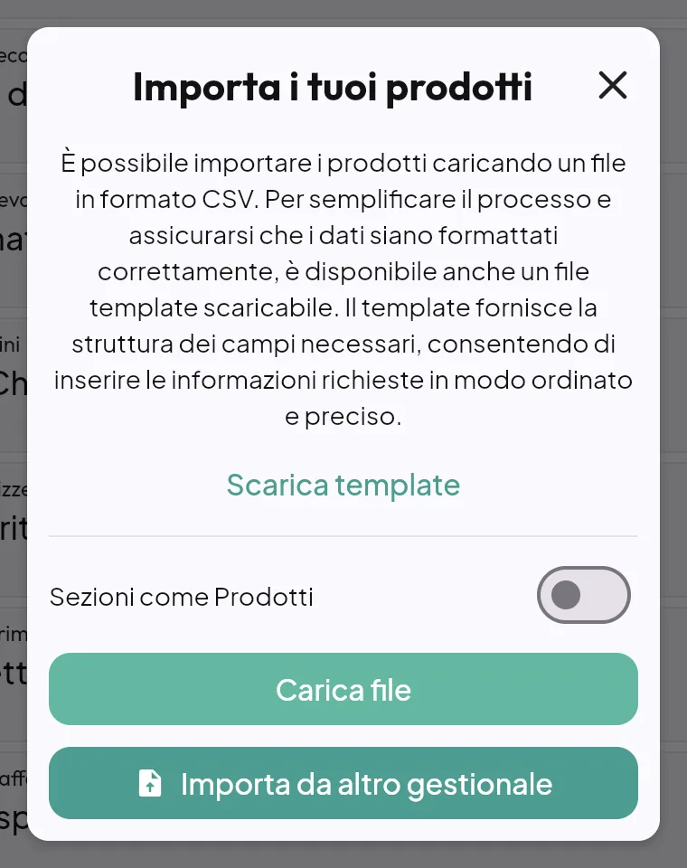 Bottone Importa da altro gestionale nella finestra dei prodotti