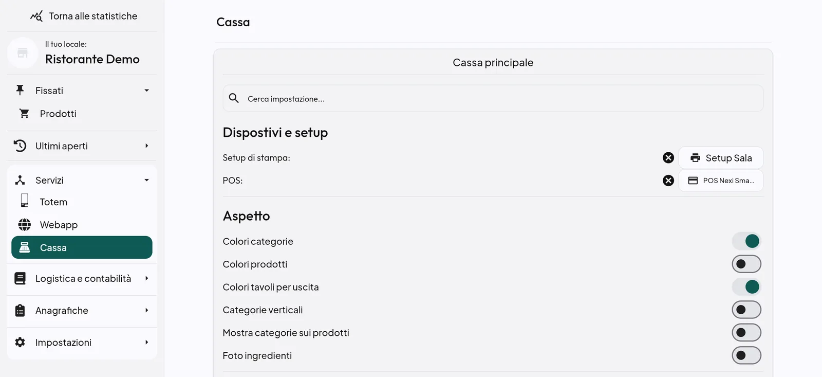 Impostazioni della cassa