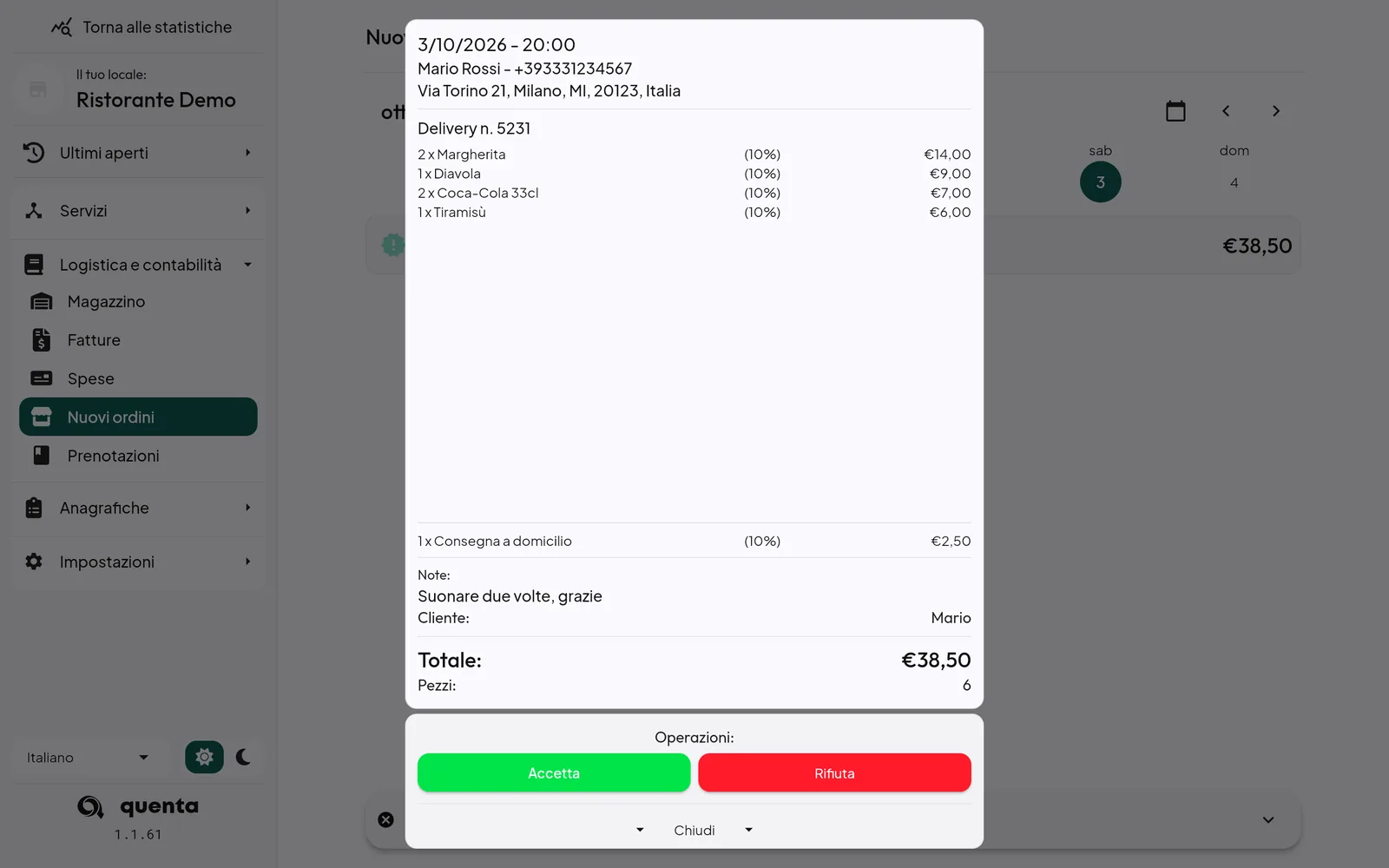 Ordine da accettare nel gestionale