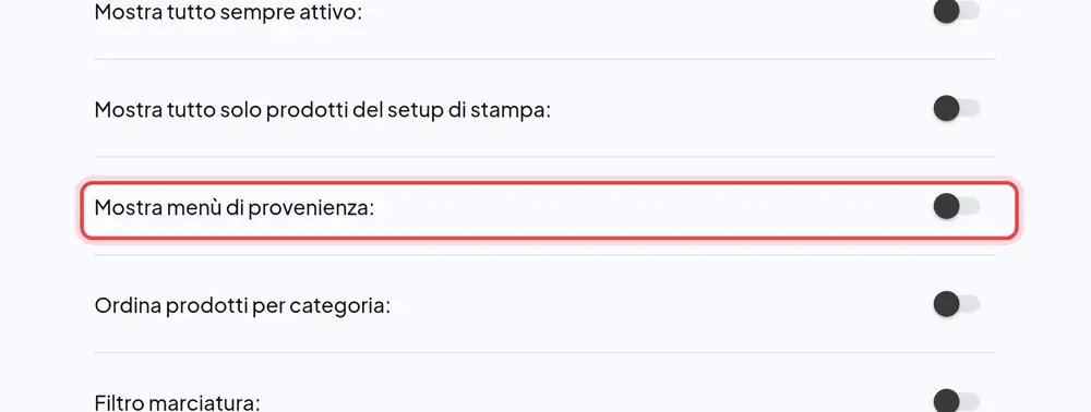 Dove si trova «Mostra menù di provenienza»