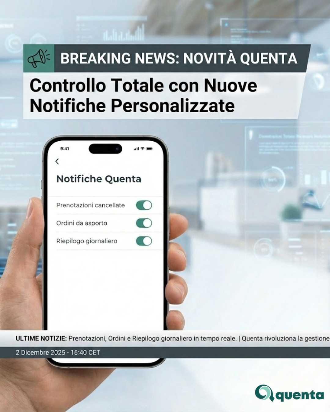 Notifiche personalizzate ristorazione - Quenta app interface